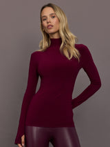Model is wearing Slim Fit Long Sleeve Turtle Top in Plum, close-up front view.