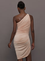 Model wears the Diana Mini Dress in Baby Pink, featuring a sleeveless, asymmetrical design with a fitted bodice