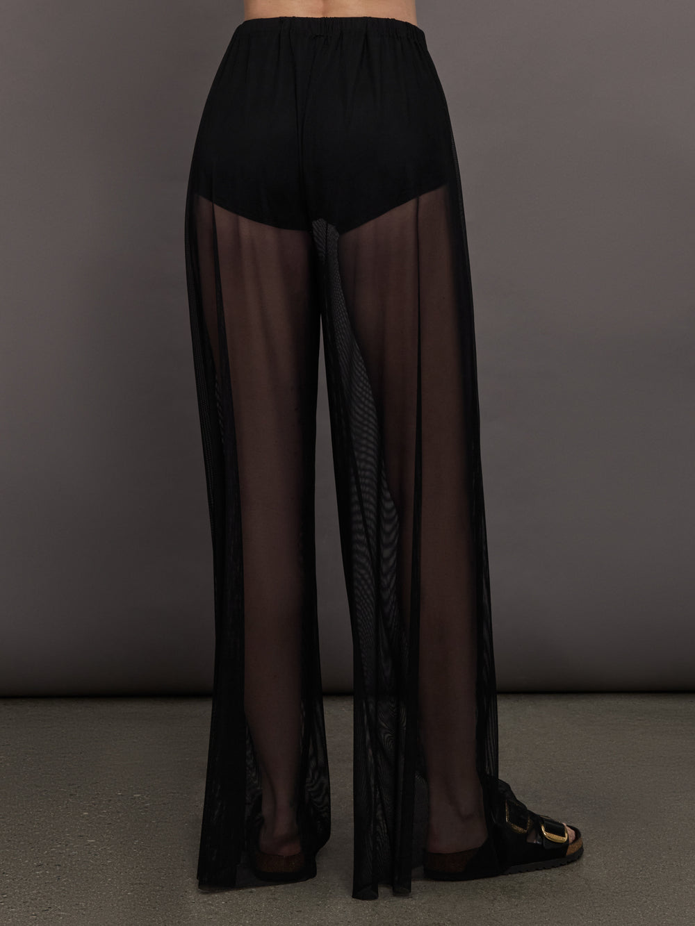 Model wears black high-waisted mesh pants with a wide leg fit.
