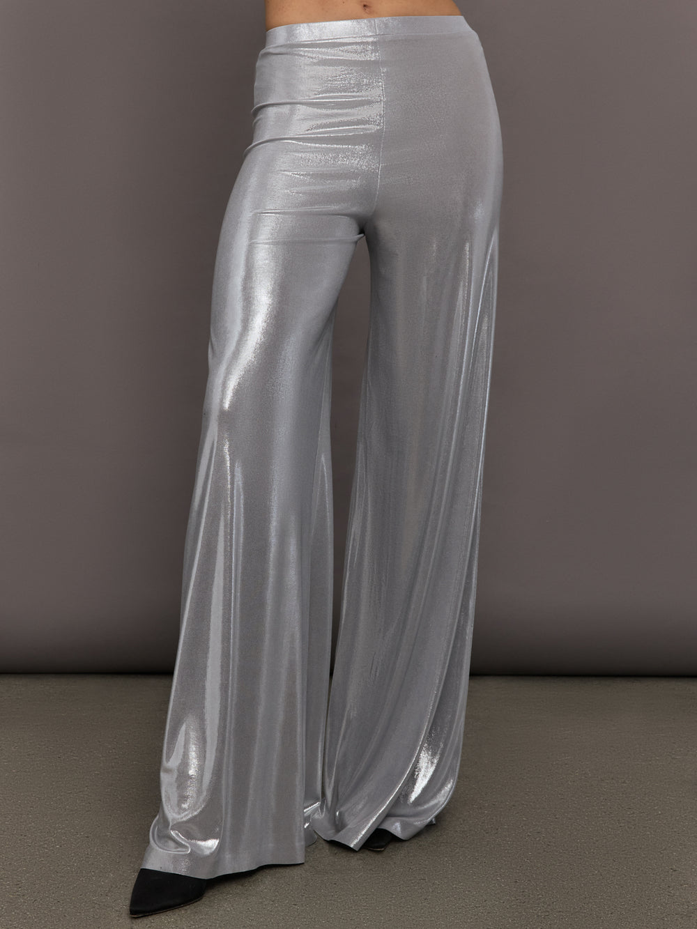 Model is wearing Bias Wide-Leg Pant in Silver, front view.