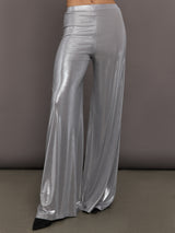 Model is wearing Bias Wide-Leg Pant in Silver, front view.