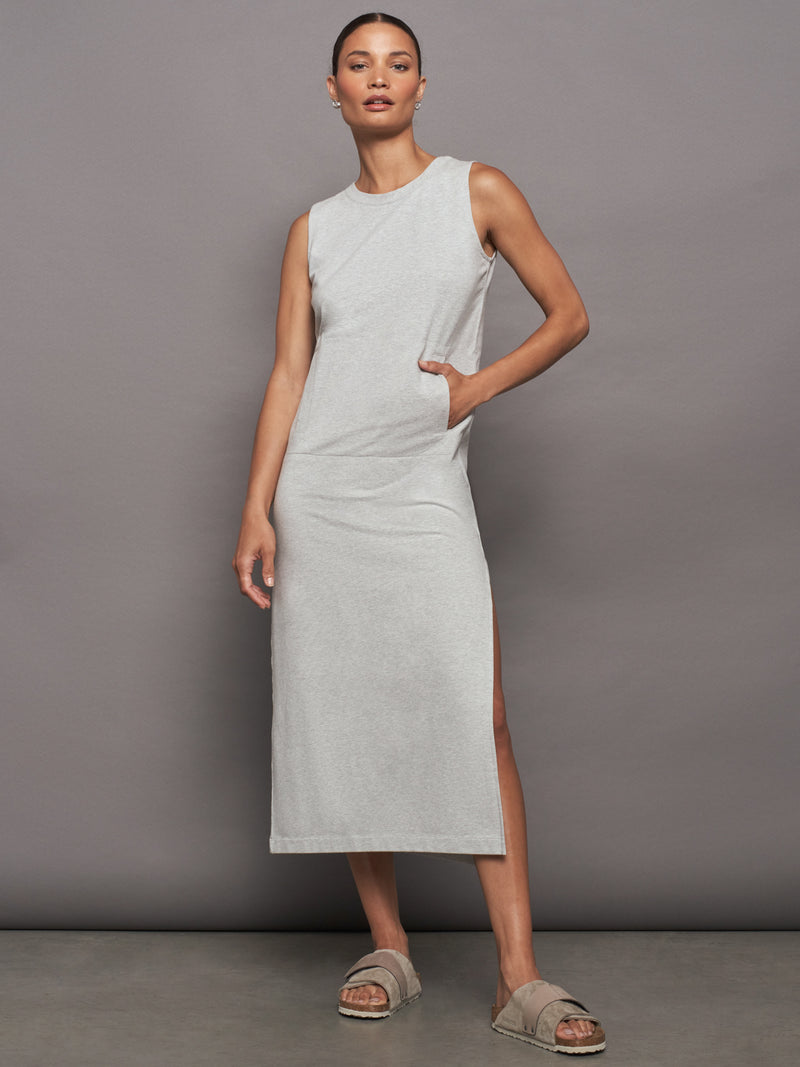 SLEEVELESS TAILORED TERRY SIDE SLIT GOWN - LIGHT HEATHER GREY