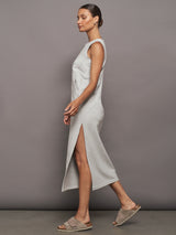 SLEEVELESS TAILORED TERRY SIDE SLIT GOWN - LIGHT HEATHER GREY