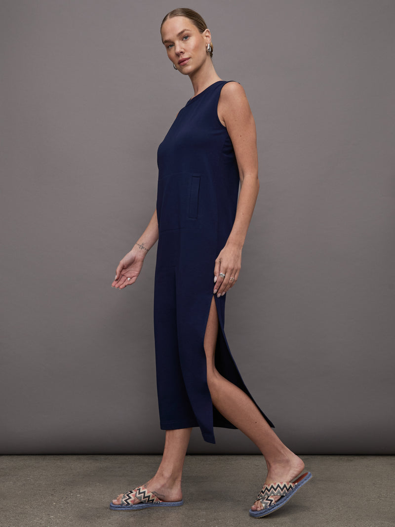 Sleeveless Tailored Terry Side Slit Gown - True Navy