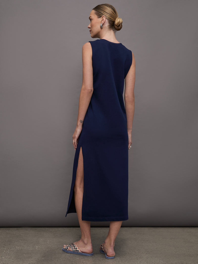 Sleeveless Tailored Terry Side Slit Gown - True Navy