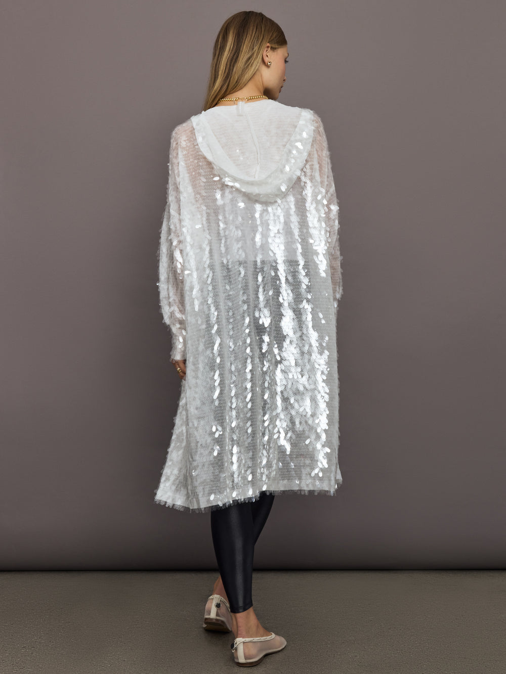 Back view of Hooded Robe to Knee Clear White showing hood and sequined sheer fabric.