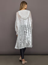 Back view of Hooded Robe to Knee Clear White showing hood and sequined sheer fabric.