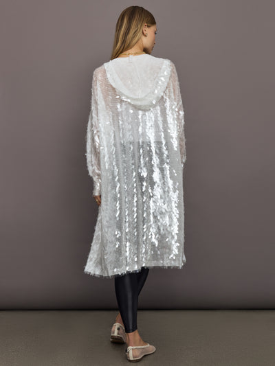 Back view of Hooded Robe to Knee Clear White showing hood and sequined sheer fabric.