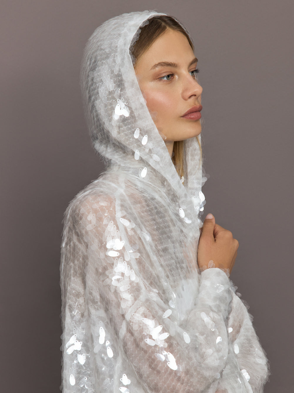 Close-up of Hooded Robe to Knee Clear White hood detail with sequin embellishment.