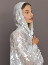 Close-up of Hooded Robe to Knee Clear White hood detail with sequin embellishment.
