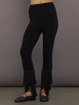 Front view of Fringe Hem Cropped Legging Black with tiered fringe trim on lower leg.