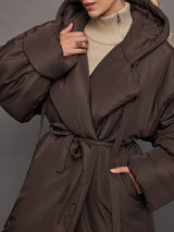 Hooded Sleeping Bag Car Coat w/ Drawstrings - Chocolate