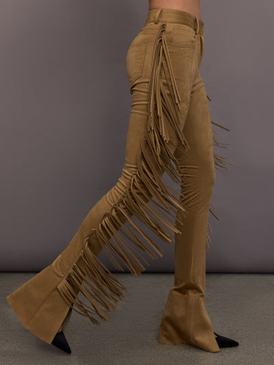 Model is wearing the Fringe Spat Jeans in Camel, side view highlighting fringe detail.