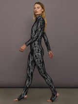 Side view of Long Sleeve Slim Fit Turtle Catsuit with Footie Black White Lace showing slim fit silhouette.