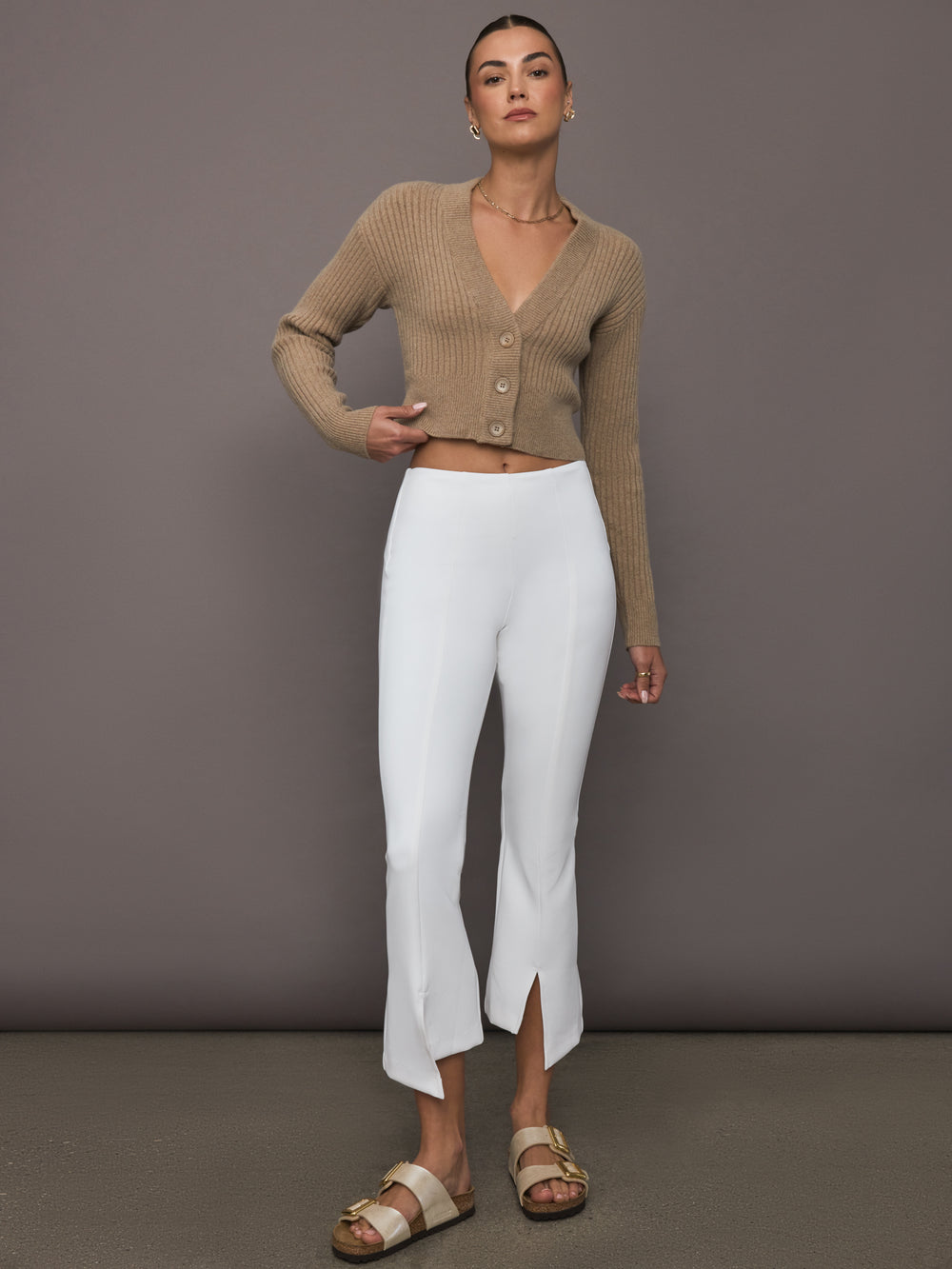 Full outfit view of Luna Cardigan in Camel styled with matching pants.