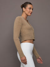 Side view of Luna Cardigan in Camel showing button-front detail.