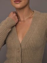 Close-up of Luna Cardigan in Camel showing button-front detail.
