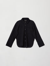 Flat lay of Oversized Stretch Button-Down Shirt in black on white background.