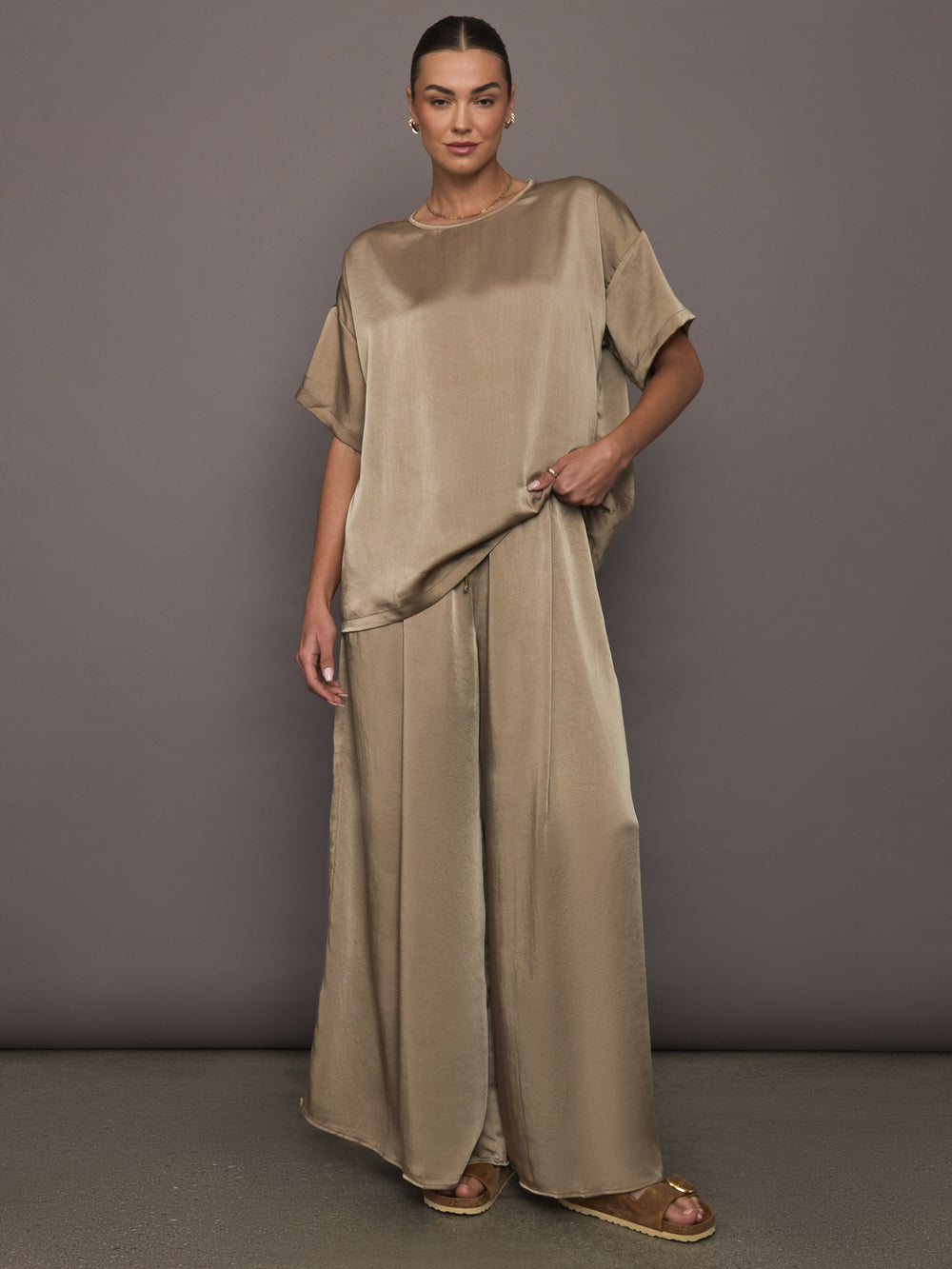 Full length view of Elmwood oversized satin tee styled with matching shorts.