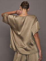 Back view of Elmwood oversized satin tee styled with matching shorts.