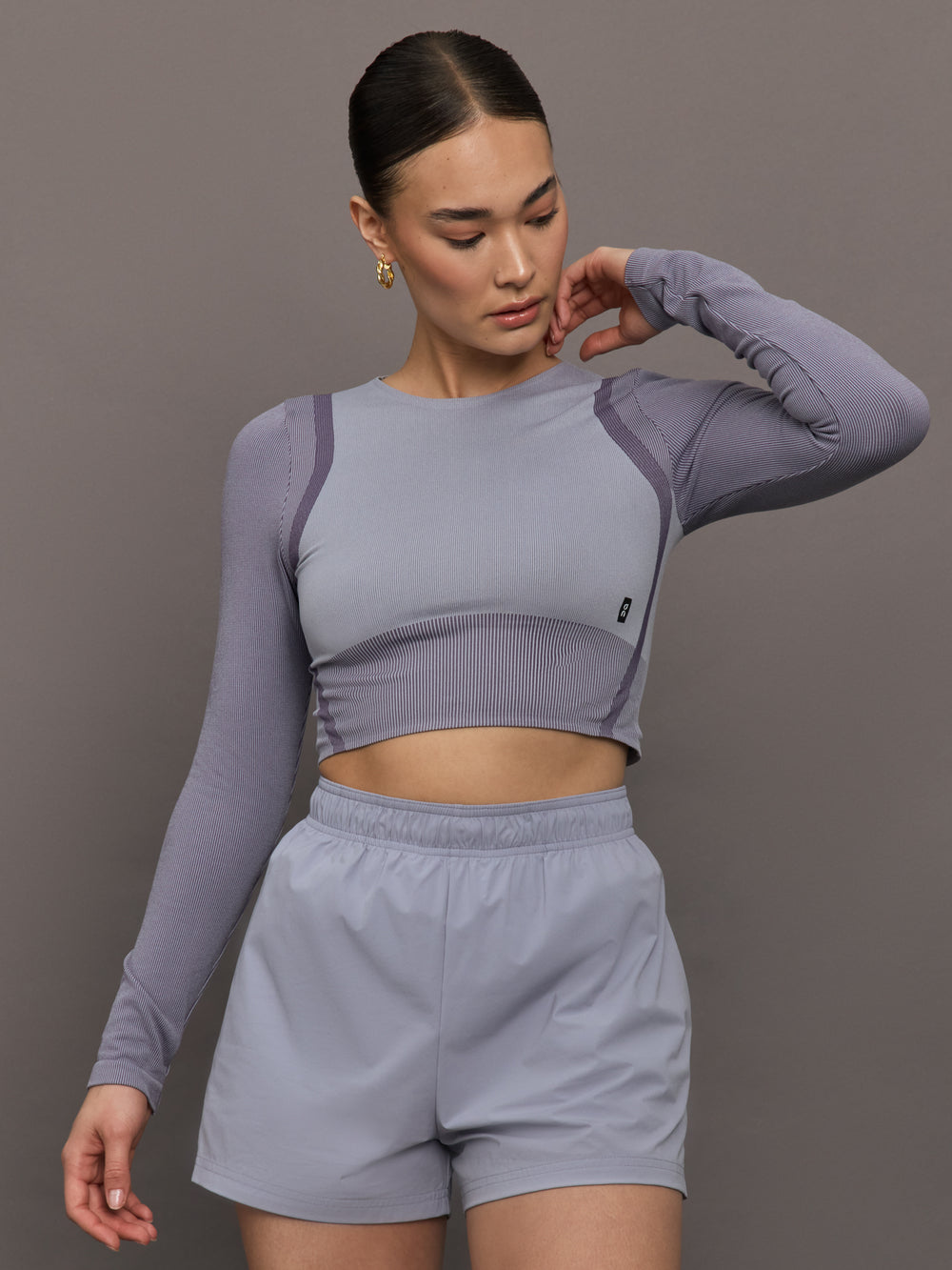 Model wears lilac cropped long-sleeve top with a fitted knit texture, with a high neckline and a snug, athletic fit.
