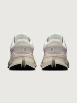 Pair of white and pink sneakers on a light gray background