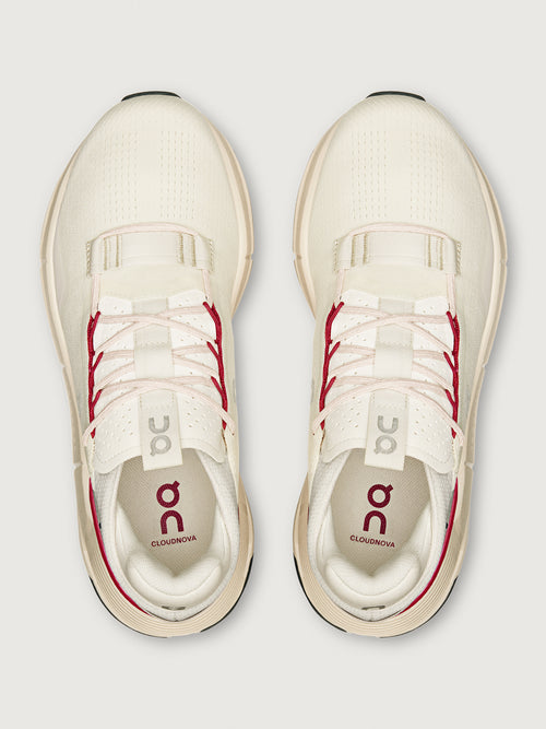On Cloudnova 2 women’s sneakers in Ivory Grenadine, top-down view highlighting lace-up front, perforated tongue, and cushioned interior with branded insole.