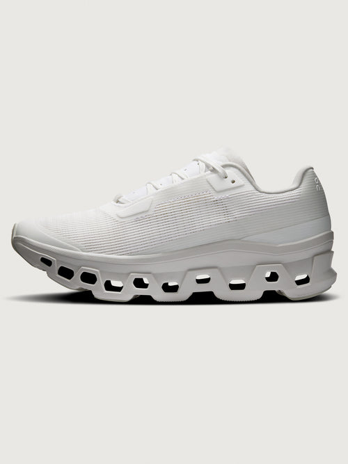 Cloudmonster Void sneaker in white white lateral side profile highlighting Swiss engineering and CloudTec sole.