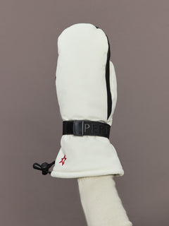Close-up of Davos Mitts Snow White with black strap and red star logo on wrist.