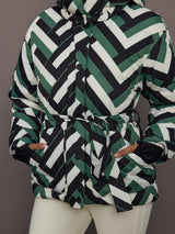 Close-up of Cortina Ski Parka Waffle Print Green front pockets and tie belt detail.