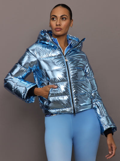 Front view of model wearing Polar Flare Ski Jacket III Light Blue Foil.