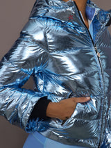 Close-up of front pocket and sleeve cuff on Polar Flare Ski Jacket III Light Blue Foil.