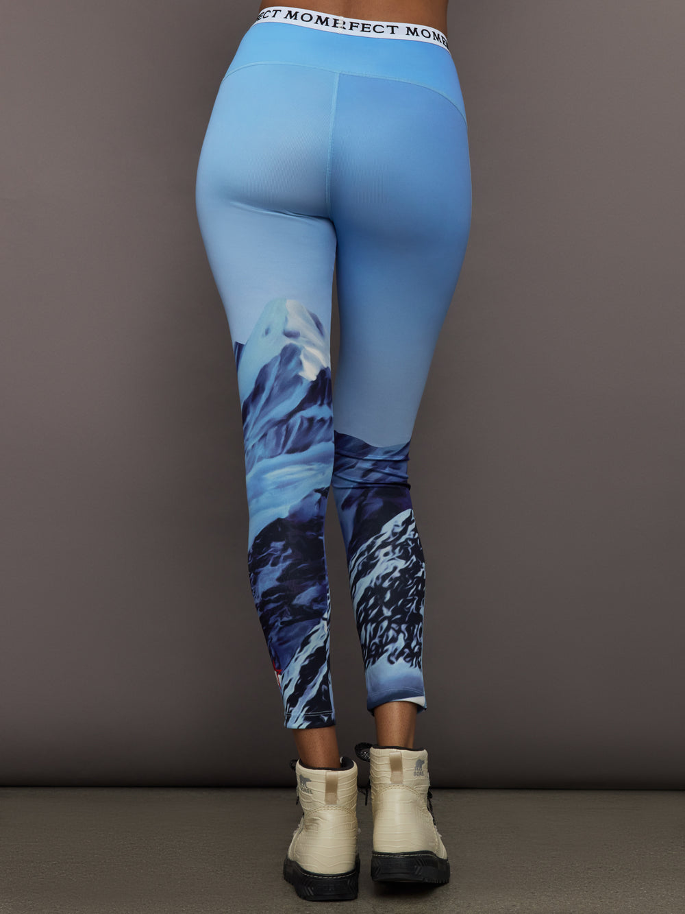 Back view of Printed Base Layer Leggings in Ski Lift Blue with high rise waistband.