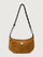 Brown suede handbag with a black chain strap on a light gray background