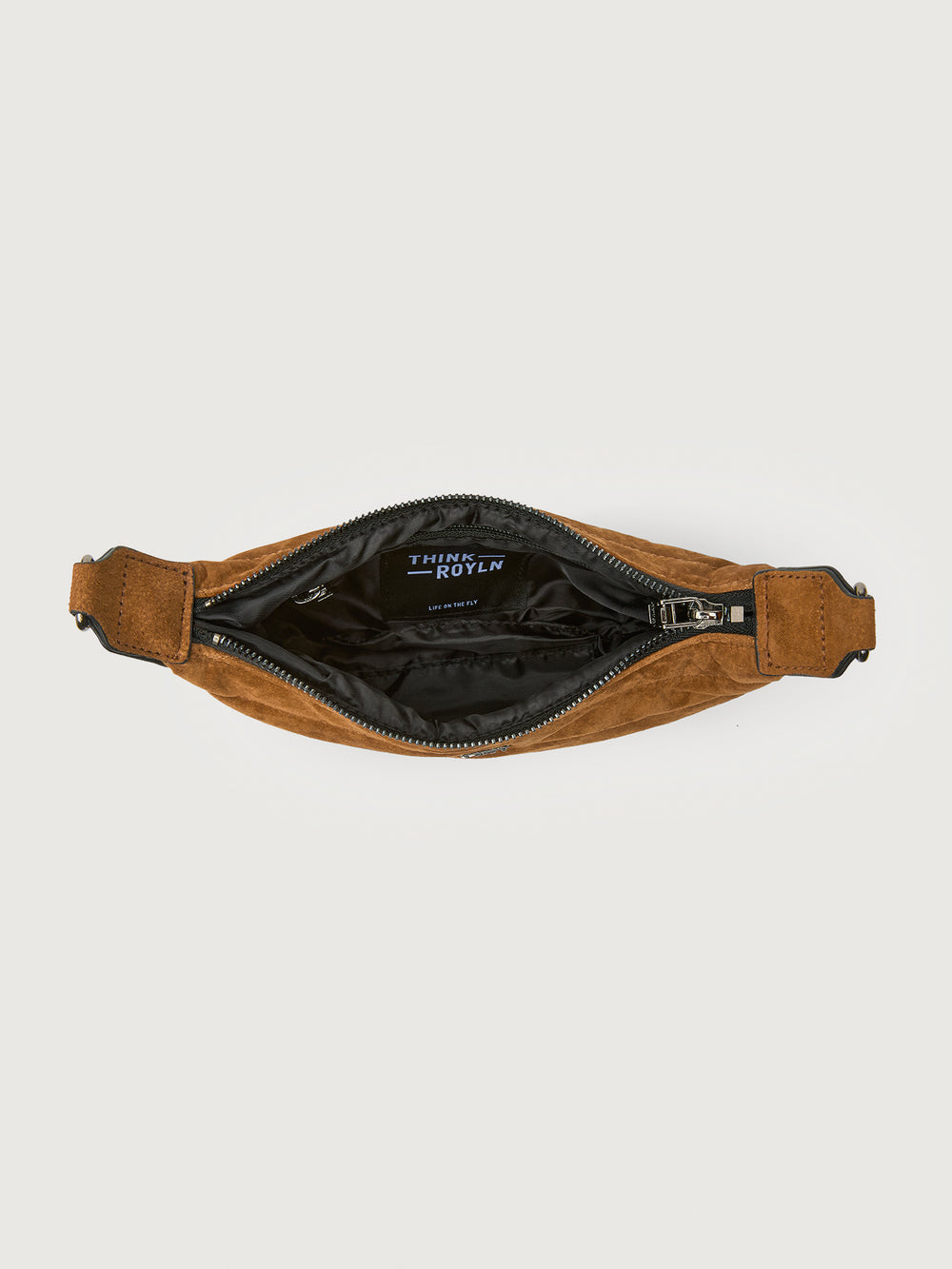 Brown handbag with open zipper on a white background