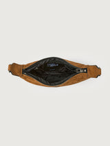 Brown handbag with open zipper on a white background