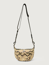 Python printed neutral handbag with thick metal chain strap.