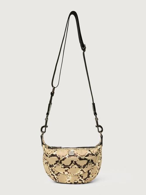 Python printed neutral handbag with thick metal chain strap.