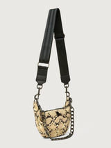 Python printed neutral handbag with thick metal chain strap.