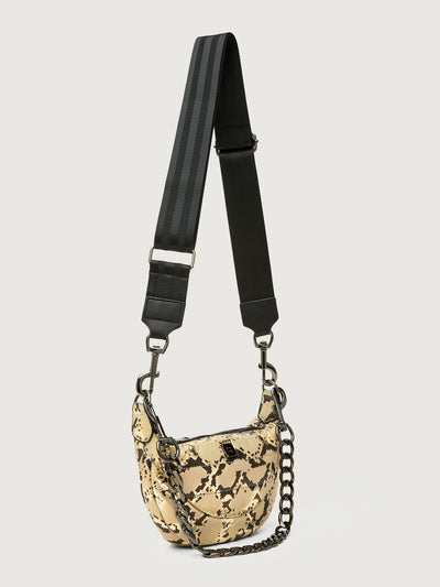 Python printed neutral handbag with thick metal chain strap.
