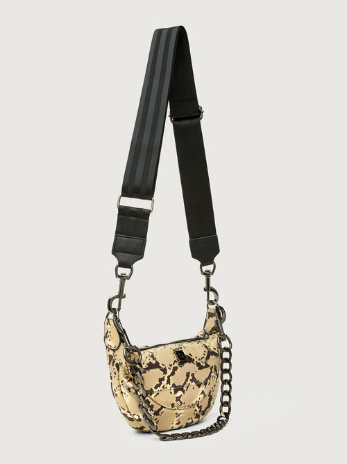 Python printed neutral handbag with thick metal chain strap.