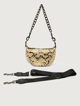Python printed neutral handbag with thick metal chain strap.