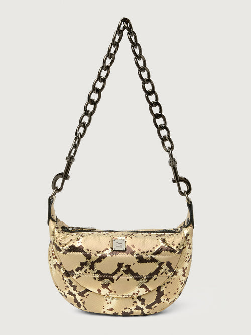 Python printed neutral handbag with thick metal chain strap.