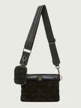 Black quilted crossbody bag with a strap on a light gray background