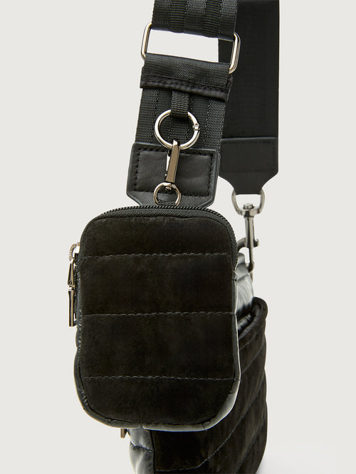 Black crossbody bag with adjustable strap on a light gray background
