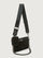 Black textured handbag with a chain detail on a light gray background