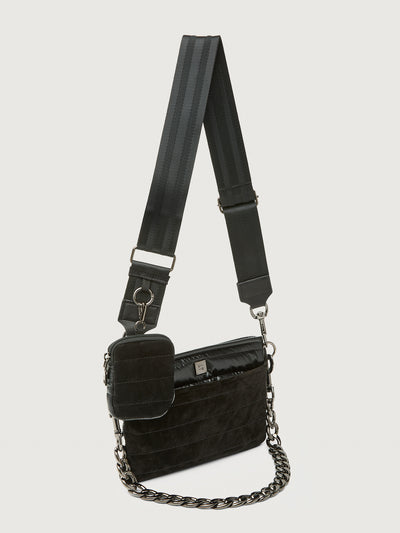 Black textured handbag with a chain detail on a light gray background