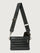 Black leather crossbody bag with a strap on a light gray background
