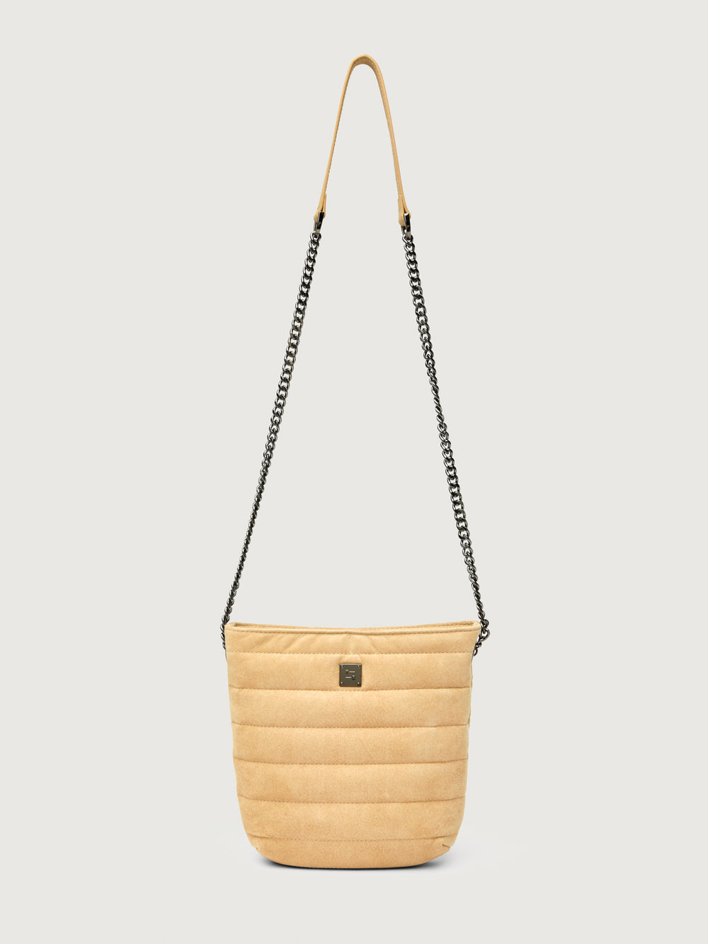 Light Beige suede crossbody bag with chain strap, front view.