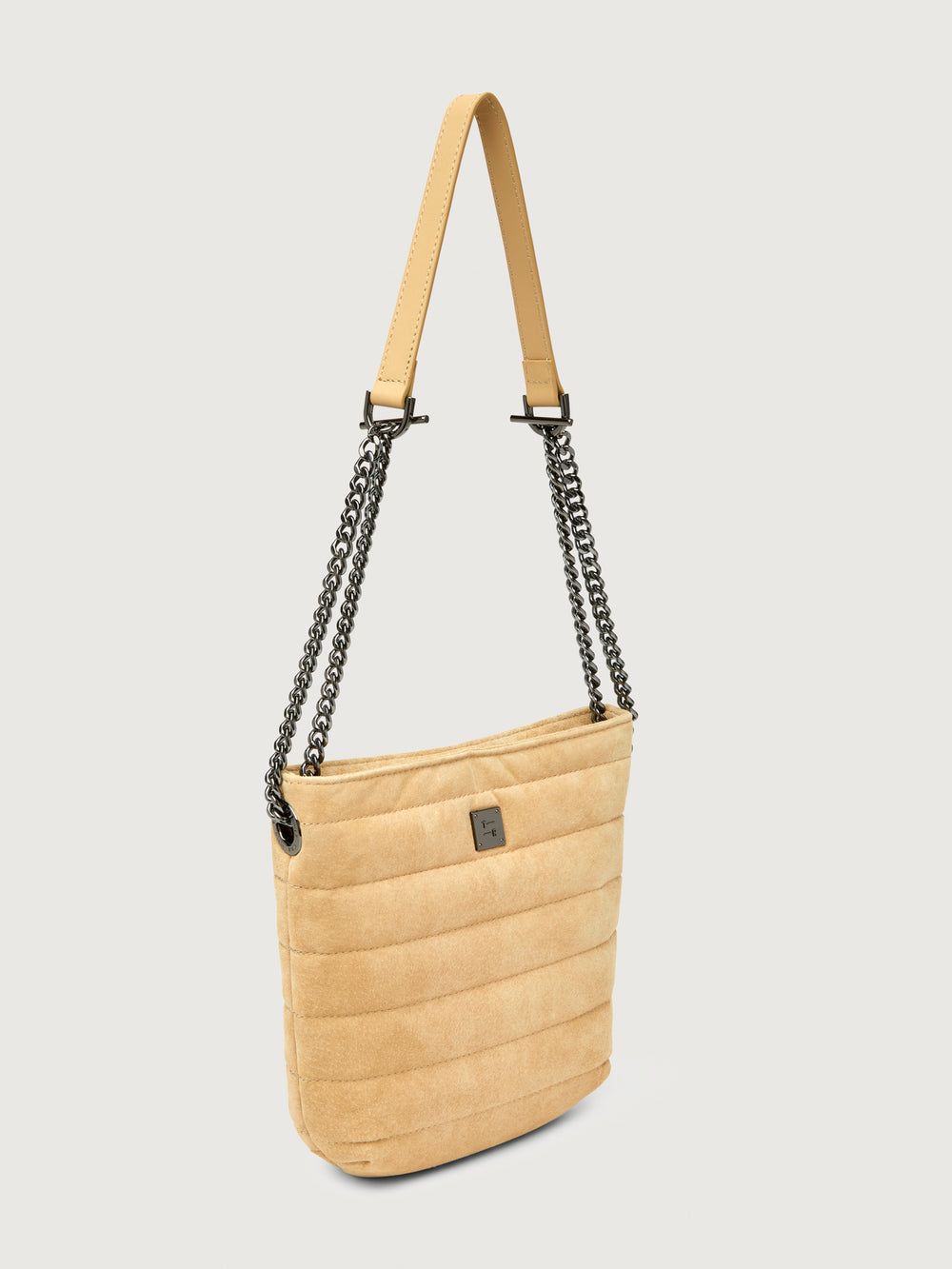 Light Beige suede crossbody bag, angled front view.